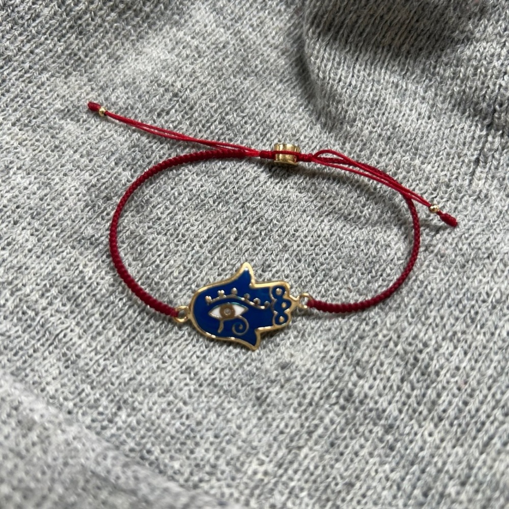 Red String Bracelet with Blue Hamsa Charm